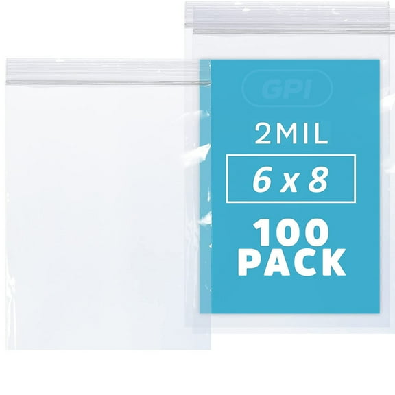 GPI 6” x 8” Ziplock Bag 2 Mil Clear Resealable Bags for Packaging, Storage & Shipping, 100-Pack