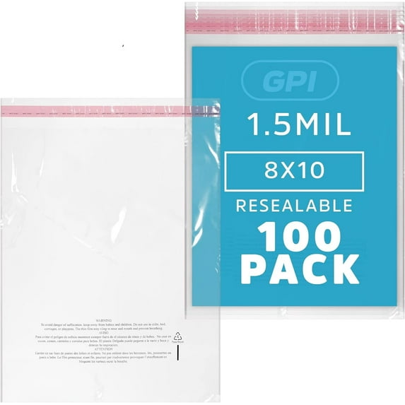 GPI 8” x 10” Clear Plastic Bags Self-Seal Polybags with Adhesive Strip & Suffocation Warning, 1000-Pack