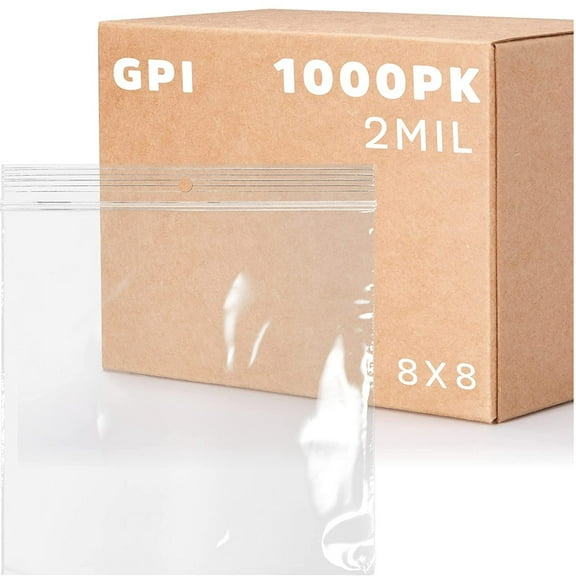 GPI 8” x 8" Heavy Duty Ziplock Bag 2 Mil Clear Resealable Bags with Hang Hole for Display, 1000-Pack