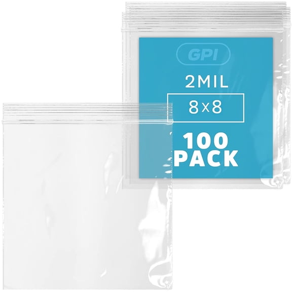 GPI 8” x 8” Reclosable Ziplock Bag 2 Mil Jumbo Clear Zipper Bags for Household & Packaging,100-Pack