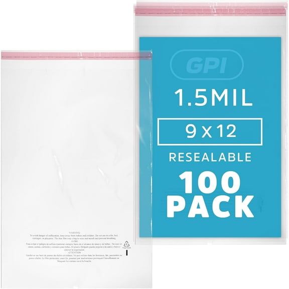 GPI 9” x 12” Clear Plastic Bags Self-Seal Polybags with Adhesive Strip & Suffocation Warning, 100-Pack
