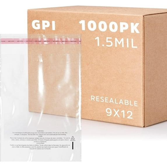 GPI 9” x 12” Clear Plastic Bags Self-Seal Polybags with Adhesive Strip & Suffocation Warning, 1000-Pack