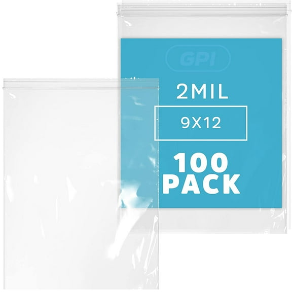 GPI 9” x 12” Reclosable Ziplock Bag 2 Mil Jumbo Clear Zipper Bags for Household & Packaging,100-Pack