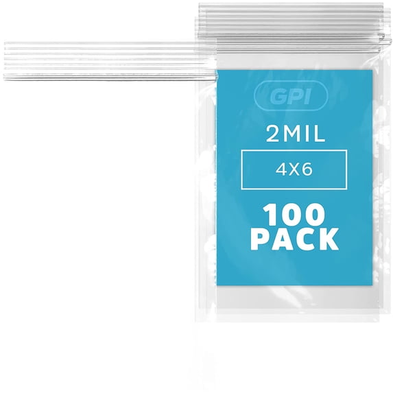 GPI - Pack of 100 4" x 6" CLEAR PLASTIC RECLOSABLE ZIP BAGS - Bulk 2 mil Thick Strong & Durable Poly Bagies with Resealable Zip Top Lock for Travel, Storage, Packaging & Shipping.