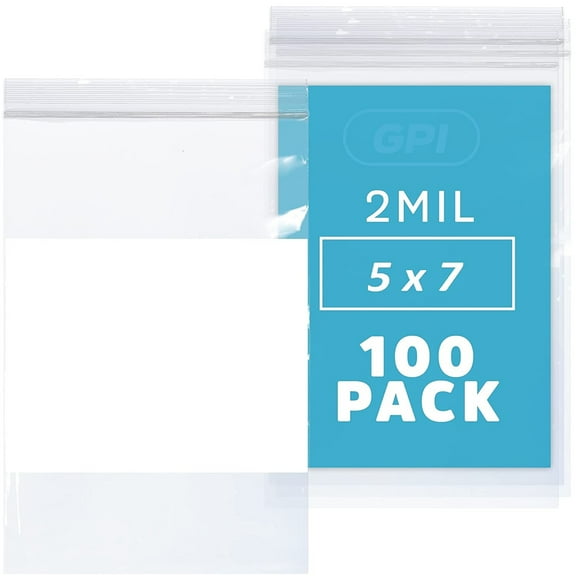 GPI - Pack of 100 5" x 7" CLEAR PLASTIC RECLOSABLE ZIP BAGS - Bulk 2 mil Thick Strong & Durable Poly Baggies With Resealable Zipper Top Lock & write-on white block, for storage, packaging & shipping