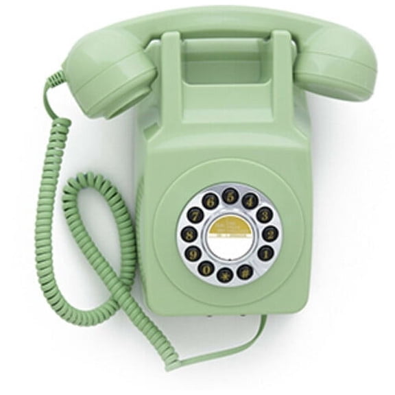 GPO 746 Wall-Mounted Push-Button Retro landline Phone - Curly Cord, Authentic Bell Ring (Green)