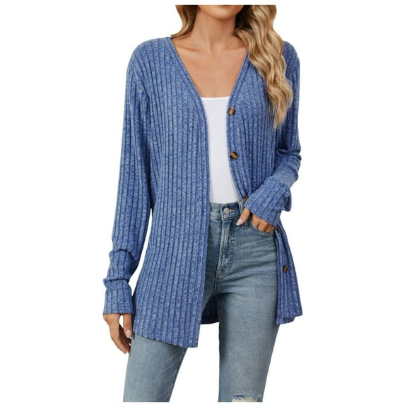 GPOECD 2025 Fall Winter Solid Color Long Sleeve Button Down Cardigan for Women Knitted Brushed Soft Open Front Sweater Coat Z10141-Blue,S