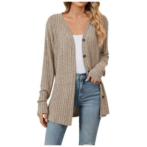 GPOECD 2025 Fall Winter Solid Color Long Sleeve Button Down Cardigan for Women Knitted Brushed Soft Open Front Sweater Coat Z10141-Khaki,S