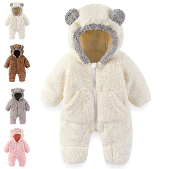 GPOECD Baby Romper Thick Pocket Fleece Bear with Fold Over Mittens Footies Girls Boys Winter Hooded Snowsuit Jumpsuit for Baby