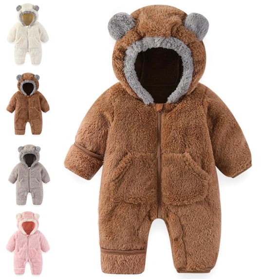 GPOECD Baby Romper Thick Pocket Fleece Bear with Fold Over Mittens Footies Girls Boys Winter Hooded Snowsuit Jumpsuit for Baby