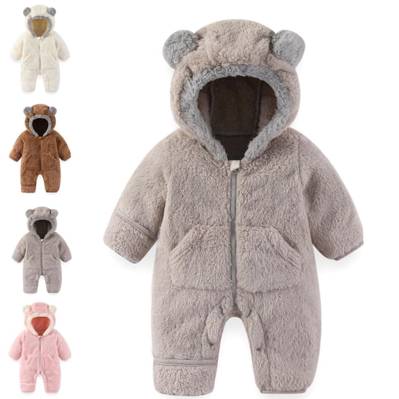 GPOECD Baby Romper Thick Pocket Fleece Bear with Fold Over Mittens Footies Girls Boys Winter Hooded Snowsuit Jumpsuit for Baby