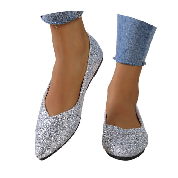 GPOECD Ballet Shoes Women's Plus Size Sequin Low Cut Comfortable on Soft Sole Lightweight Flat Casual Shoes for Women Silver,39