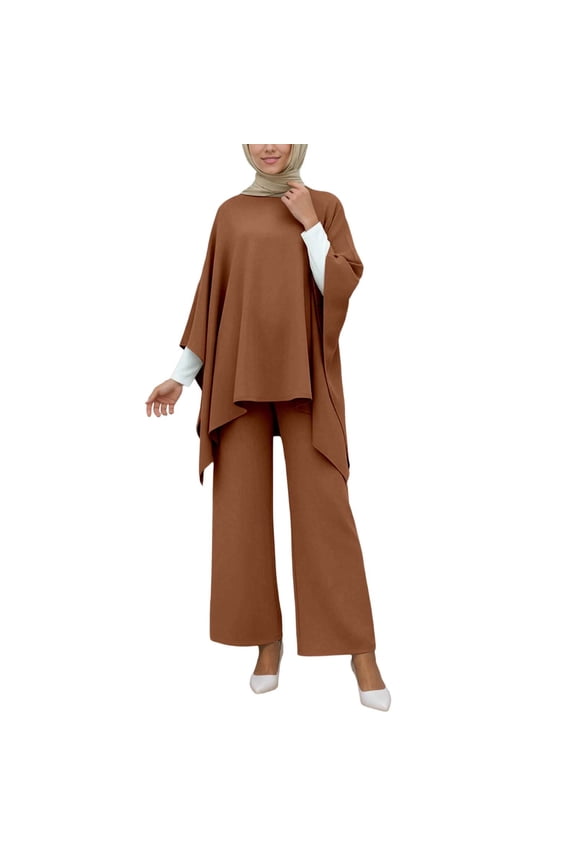 Beach Outfits for Women Elegant Flowing Abaya Cape Kaftan Tunic with Wide Leg Palazzo Pants Casual Matching Sets Women Clothing Brown,M