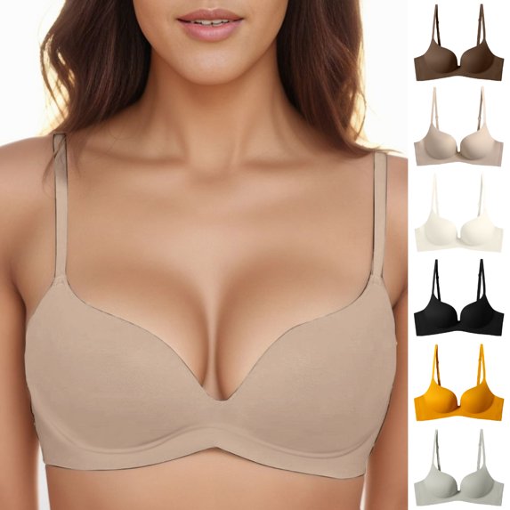 GPOECD Bras for Women T Shirt Bra with Push Up Padded Bralette Without Underwire Seamless Comfortable Soft Cup Wireless Bras for Women,Beige,75AB