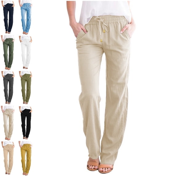 GPOECD Casual Pants for Women High Waisted Solid Wide Leg Long Pants Elastic Drawstring Waist with Side Pockets for Summer Daily Womens Trousers,01_Beige,M