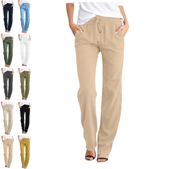 GPOECD Casual Pants for Women High Waisted Solid Wide Leg Long Pants Elastic Drawstring Waist with Side Pockets for Summer Daily Womens Trousers,02_Khaki,L