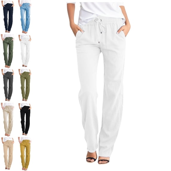 GPOECD Casual Pants for Women High Waisted Solid Wide Leg Long Pants Elastic Drawstring Waist with Side Pockets for Summer Daily Womens Trousers,02_White,S