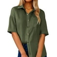 thumbnail image 1 of GPOECD Casual Solid Color Button-Down Shirt for Women Comfortable Turn-Down Collar Blouse for Daily Wear Z100-Green,L, 1 of 5