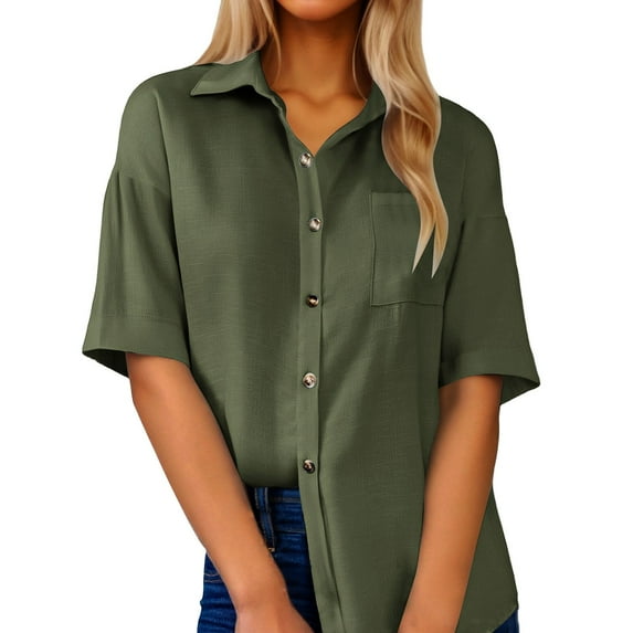 GPOECD Casual Solid Color Button-Down Shirt for Women Comfortable Turn-Down Collar Blouse for Daily Wear Z100-Green,L