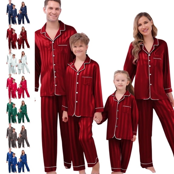 GPOECD Christmas Pajamas for Family Family Matching Pajamas Long Sleeve Silk-like Satin Sleepwear Holiday Outfit Pure Color Two Piece Pajama Sets Winter,02_,XL