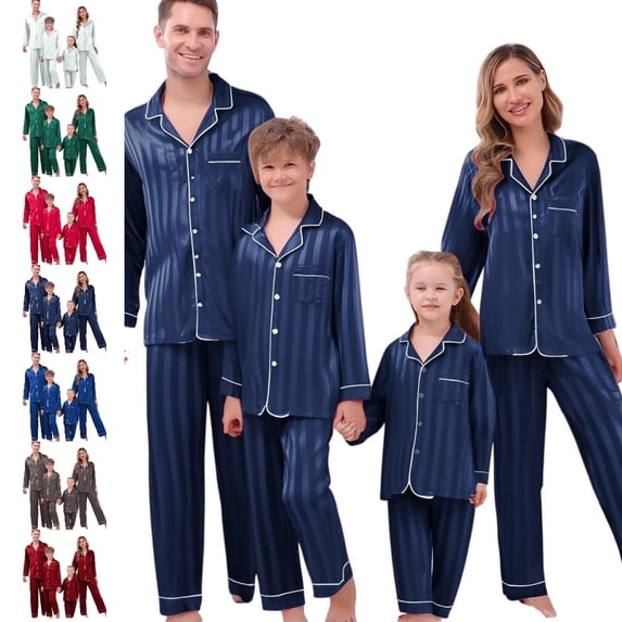 GPOECD Christmas Pajamas for Family Family Matching Pajamas Long Sleeve Silk-like Satin Sleepwear Holiday Outfit Pure Color Two Piece Pajama Sets Winter,02_Navy,XL