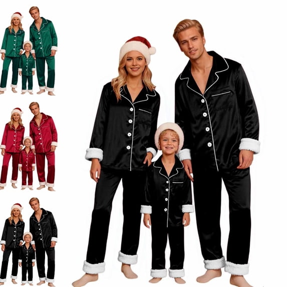 GPOECD Christmas Pajamas for Family Two Piece Long Sleeve Lapel Top and High Waist Pants for Family Outfits Pajama Set Winter,Black,7-8 Years