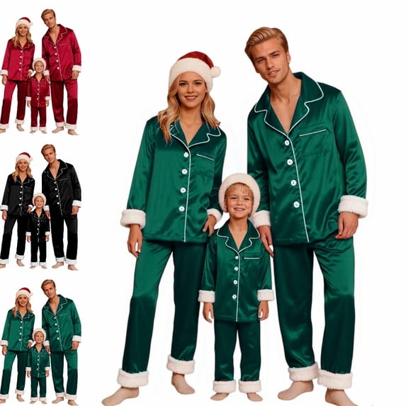 GPOECD Christmas Pajamas for Family Two Piece Long Sleeve Lapel Top and High Waist Pants for Family Outfits Pajama Set Winter for Mom,Green,XL