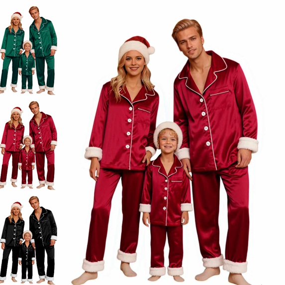 GPOECD Christmas Pajamas for Family Two Piece Long Sleeve Lapel Top and High Waist Fleece Pants for Family Outfits Pajama Set Winter for Kids,Red,3-4 Years