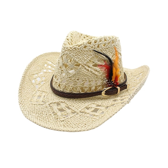 GPOECD Cowboy Hats for Women Men Summer Western Shapeable Straw Sun Hat with Wide Brim Hollow Design Z8131-Beige,One Size