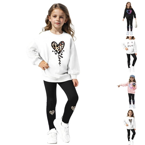 GPOECD Cute Outfits for Girls Long Sleeve Hooded Leopard Print Hearts Graphic Sweatshirt with Fitted Leggings for Daily Wear Girls' Clothing Sets,01_White,11-12 Years
