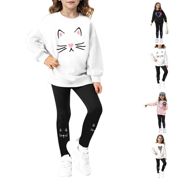 GPOECD Cute Outfits for Girls Letter Print Crew Neck Long Sleeve Hoodie and Leggings Set Girls' Clothing Sets,03_White,7-8 Years
