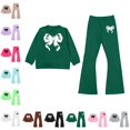 thumbnail image 1 of GPOECD Cute Outfits for Girls Long Sleeve Round Neck Top and Flare Pants with Bow Print Casual Two Piece Girls Sets,Dark Green,7-8 Years, 1 of 4