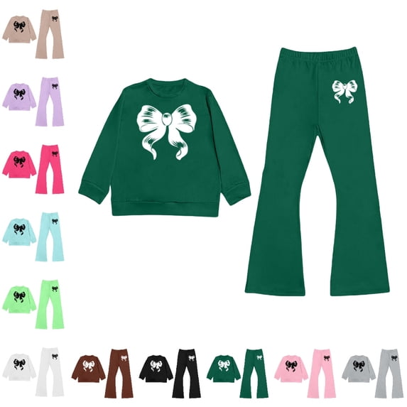 GPOECD Cute Outfits for Girls Long Sleeve Round Neck Top and Flare Pants with Bow Print Casual Two Piece Girls Sets,Dark Green,7-8 Years