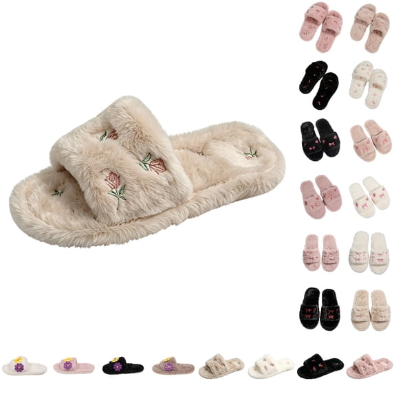 GPOECD Cute Slippers for Women Fuzzy Open Toe Bow Embroidery Slide Soft Non Warm Cozy Slippers for Winter.