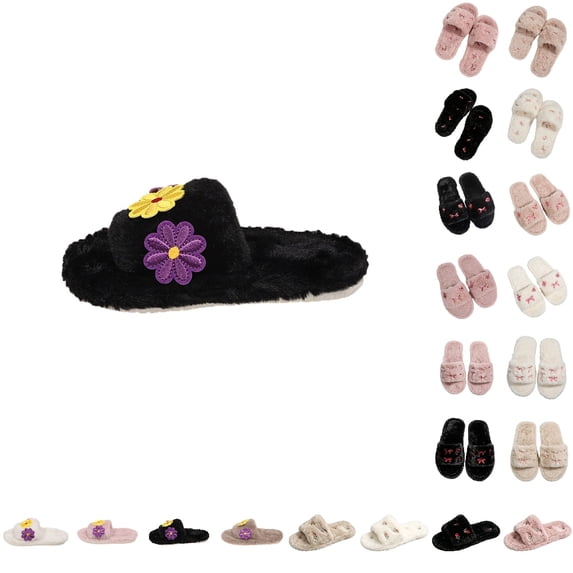 GPOECD Cute Slippers for Women Fuzzy Open Toe Embroidery Slide Soft Non Warm Cozy Slippers for Winter.
