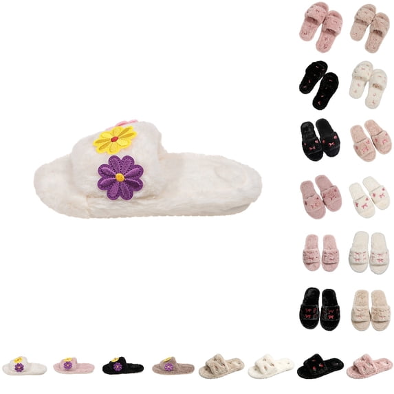 GPOECD Cute Slippers for Women Fuzzy Open Toe Embroidery Slide Soft Non Warm Cozy Slippers for Winter.