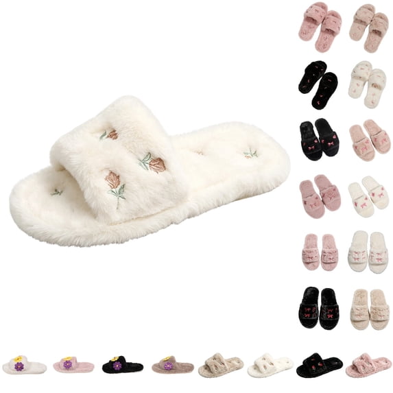 GPOECD Cute Slippers for Women Fuzzy Open Toe Bow Embroidery Slide Soft Non Warm Cozy Slippers for Winter.