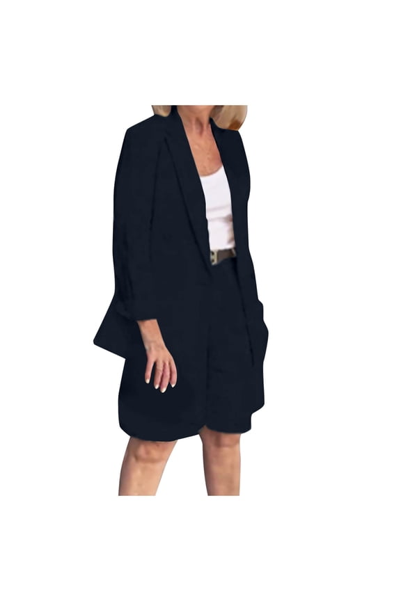 Dressy Casual Outfits for Women Fashion Suit Collar Long Sleeve Cardigan and Shorts Suit Ladies Womens Suits 2 Piece Set Business Black,S