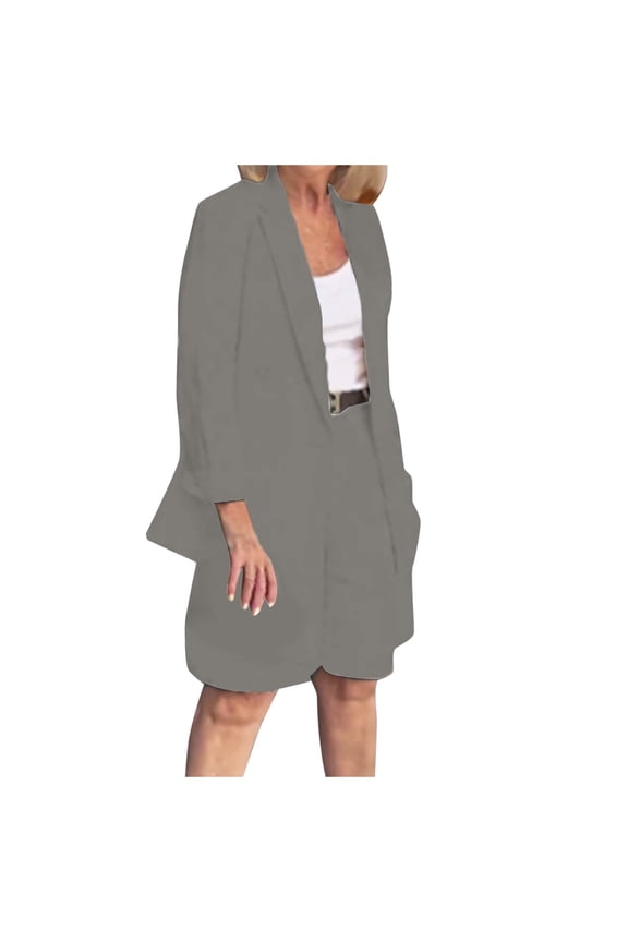 Dressy Casual Outfits for Women Fashion Suit Collar Long Sleeve Cardigan and Shorts Suit Ladies Womens Suits 2 Piece Set Business Grey,S
