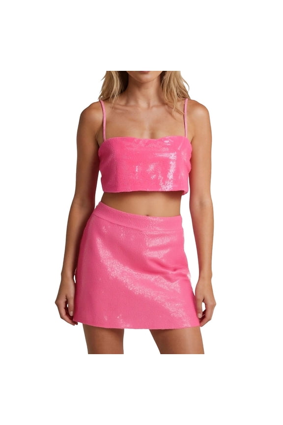 Dressy Outfits for Women Sequin Square Neck Sleeveless Slit Bodycon Skirt Two Piece Party Clubwear Evening Two Piece Skirt Set Pink,S