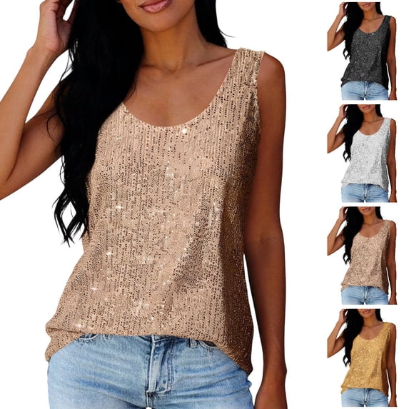GPOECD Dressy Tank Tops for Women Neck Sleeveless Top with Shiny Details for Parties and Night Out Camisoles for Women Rose Gold,L