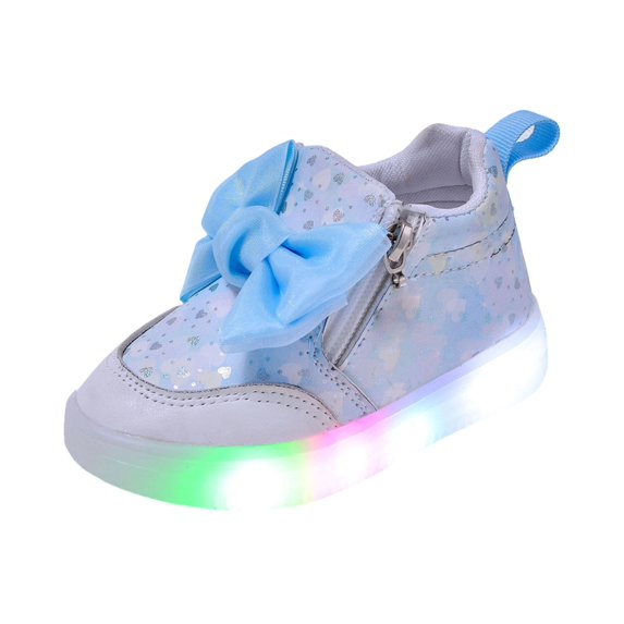 GPOECD Easy Fit Girls Shoes Glitter Bow Light Up Comfort Sneakers With Soft Sole Athletic Strap For Kids 12M-6Y Casual Shoes Blue,24