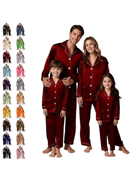 Family Christmas Pajamas Family Matching Long Sleeve Silk-like Like Satin Sleepwear Pure Color Two Piece Loungewear Holiday Outfit Pajama Set Winter,01_,5-6 Years