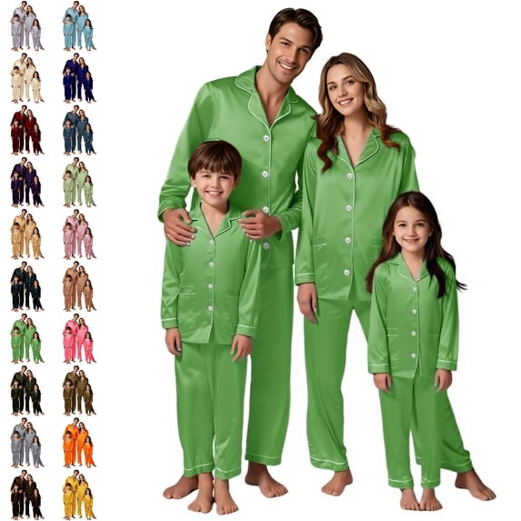 GPOECD Family Christmas Pajamas Family Matching Long Sleeve Silk-like Like Satin Sleepwear Pure Color Two Piece Loungewear Holiday Outfit Pajama Set Winter,01_Green,XXL