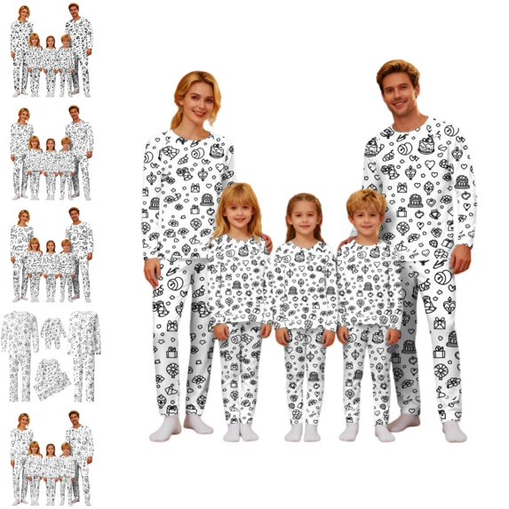 GPOECD Family Christmas Pajamas Matching Sets Doodle Print Family Matching Pajamas Coloring Design Bonding Comfortable Loungewear for Memorable Moments Pajama Set Winter Holiday,White_005,6-7 Years