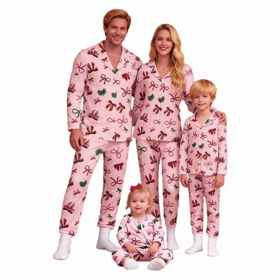 GPOECD Family Christmas Pajamas Satin Silk-like Button Down Solid Two Piece Family Matching Loungewear Long Sleeve Silk-like Nightwear Pajama Set Winter Holiday,Pink,S