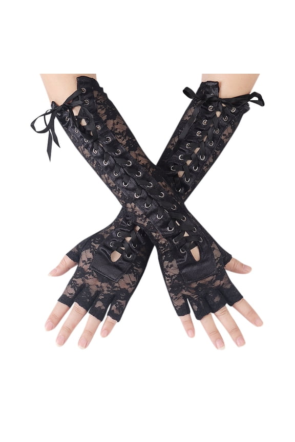 Fingerless Gloves Elbow Length Lace Arm Warmers Gothic Witch Accessory For Halloween Party Black,One Size