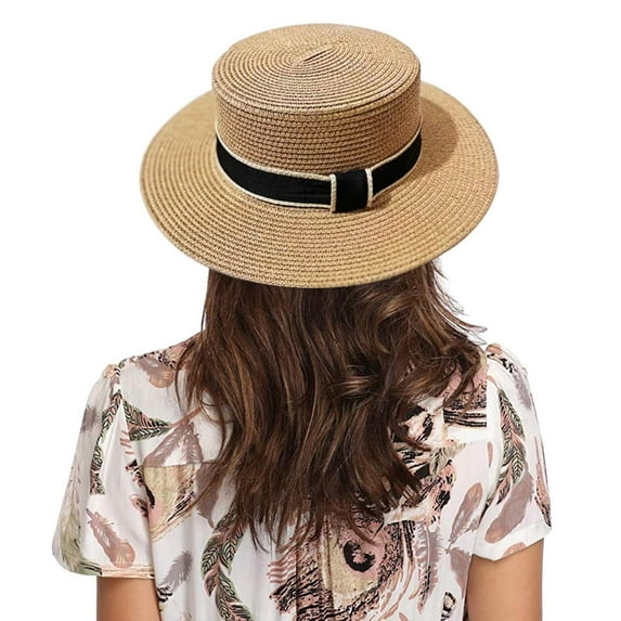 GPOECD Flat Wide Brim Sun Hat for Women Outdoor Casual Straw Top Hat Summer Beach Gardening Hat Visor for Ladies Z02_Khaki,One Size