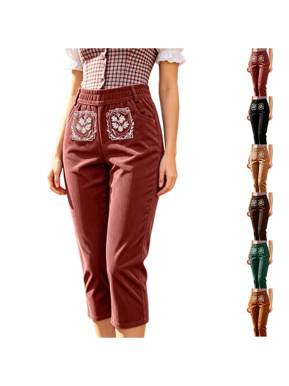 Flow Capri Pants for Women Embroidery Print with Stretchable Waist and Texture for Oktoberfest Parties Cropped Pants for Women,06_,XXL