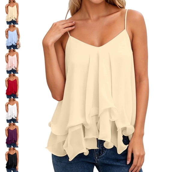 GPOECD Flowy Tank Tops for Women Off Shoulder Ruffle Casual Summer Dress Sleeveless Tank Beach Tiered Midi Style Womens Camisole 01_Beige,M